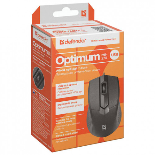 Мышь проводная DEFENDER Optimum MB-270, USB, 2 кнопки + 1 колесо-кнопка, оптическая, черная, 52270