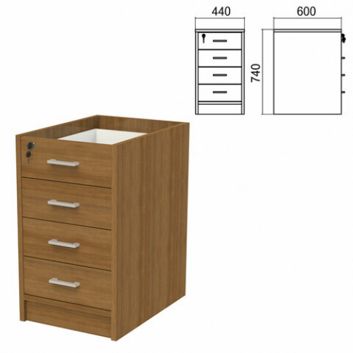 Тумба (каркас БЕЗ КРЫШКИ) приставная Арго, 440х600х740 мм, 4 ящика, замок, орех