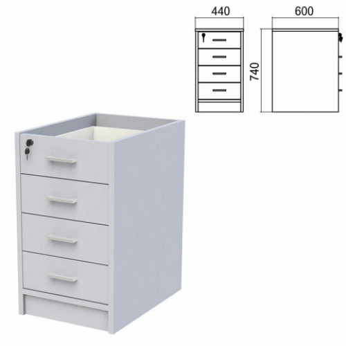 Тумба (каркас БЕЗ КРЫШКИ) приставная Арго, 440х600х740 мм, 4 ящика, замок, серый