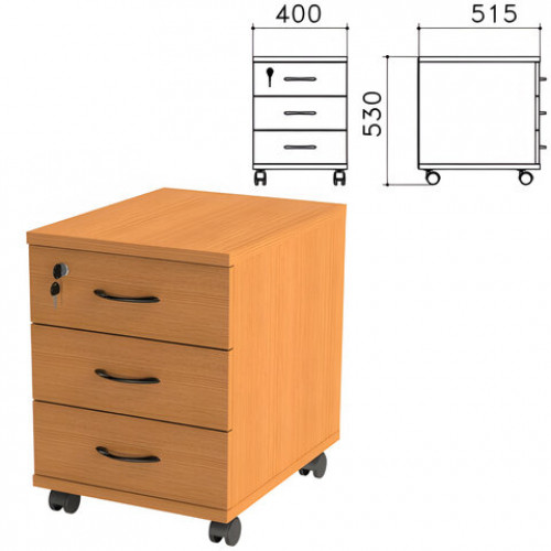 Тумба подкатная Фея, 400х515х530 мм, 3 ящика, замок, цвет орех милан, ТФ07.5