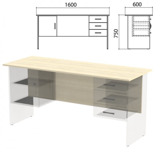 Столешница, царга стола письменного с 2 тумбами Канц 1600х600х750 мм, цвет дуб молочный, СК28.15.1
