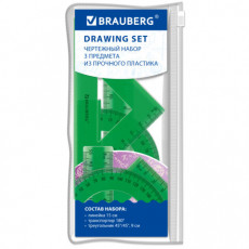 Набор чертежный BRAUBERG (линейка 15 см, треугольник, транспортир), зеленый, прозрачный, пенал, 210890