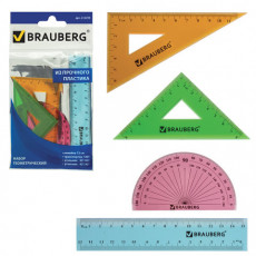 Набор чертежный малый BRAUBERG Crystal (линейка 15 см, 2 угольника, транспортир), цветной, 210295