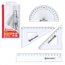 Набор чертежный малый BRAUBERG (линейка 15 см, 2 угольника, транспортир), конверт на молнии, 210306