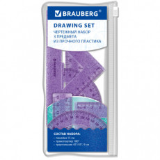 Набор чертежный BRAUBERG (линейка 15 см, треугольник, транспортир), фиолетовый, блестки, прозрачный, пенал, 210891
