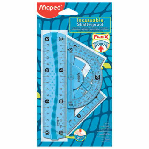 Набор чертежный малый MAPED Flex Mini (линейка 15 см, 2 угольника, транспортир), ассорти, блистер, 244069