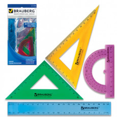 Набор чертежный средний BRAUBERG Crystal (линейка 20 см, 2 угольника, транспортир), цветной, 210296