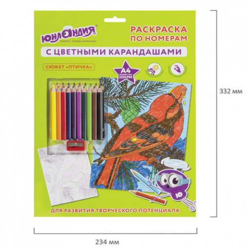 Раскраска по номерам А4, ЮНЛАНДИЯ ПТИЧКА, С ЦВЕТНЫМИ КАРАНДАШАМИ, на картоне, 661607