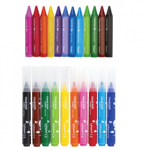 Набор для творчества MAPED Color'Peps Jumbo, 10 фломастеров, 12 утолщенных восковых мелков, раскраска, пластиковый пенал, 897416