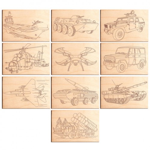 Заготовки деревянные для выжигания Военная техника, 5 шт., 10 рисунков, 15х21 см, BRAUBERG HOBBY, 665308