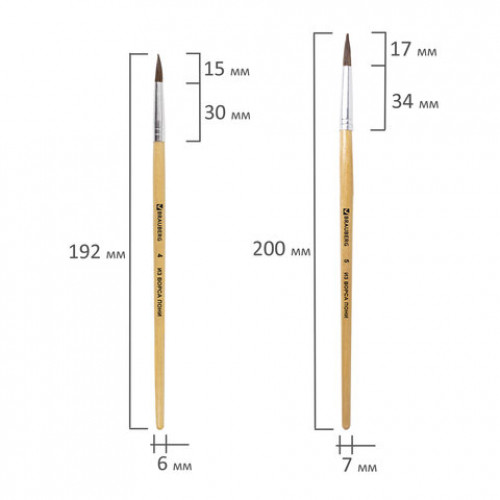 Кисти BRAUBERG, набор 5 шт. (пони, круглые № 1, 2, 3, 4, 5), блистер, 200222