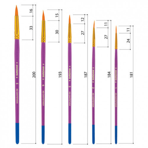 Кисти ЮНЛАНДИЯ, набор 5 шт. (синтетика, круглые №1, 2, 3, 4, 5), блистер, 200895