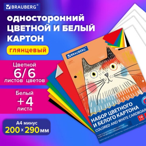 Набор картона БЕЛЫЙ+ЦВЕТНОЙ А4 мелованный, 10л. (белый 4л + цветной 6л), в папке, BRA, 116630