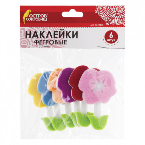 Наклейки из фетра Цветы, 6 шт., ассорти, ОСТРОВ СОКРОВИЩ, 661488