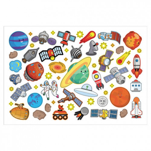 Наклейки бумажные с игровым полем НАБОР, 2 листа, 184 наклеек, Космическое приключение, HATBER, 2Н5н