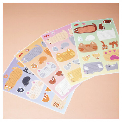 Наклейки КОТОВАСИЯ для маркировки школьных принадлежностей, НАБОР 4 листа, 64 наклейки, HATBER, 4Н5н