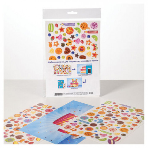 Наклейки бумажные с игровым полем НАБОР 2 листа, 184 наклейки, Сладкое настроение, HATBER, 2Н5н