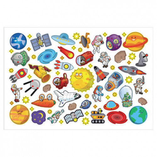 Наклейки бумажные с игровым полем НАБОР, 2 листа, 184 наклеек, Космическое приключение, HATBER, 2Н5н