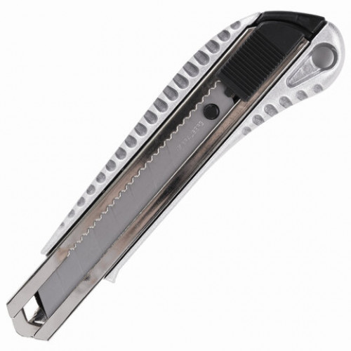 Нож канцелярский 18 мм BRAUBERG Metallic, металлический корпус (рифленый), автофиксатор, блистер, 235401