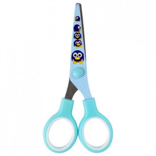 Ножницы BRAUBERG Kid Series, 130 мм, голубые, с цветной печатью Пингвины, закругленные, 232271