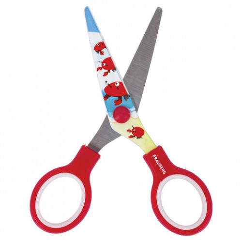 Ножницы BRAUBERG Kid Series, 130 мм, красные, с цветной печатью Крабы, закругленные, 23227, 232270