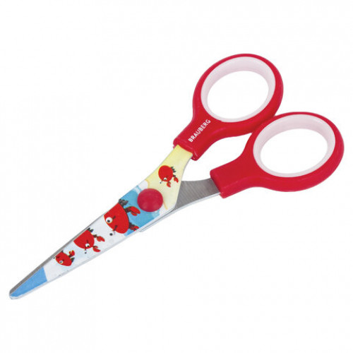 Ножницы BRAUBERG Kid Series, 130 мм, красные, с цветной печатью Крабы, закругленные, 23227, 232270