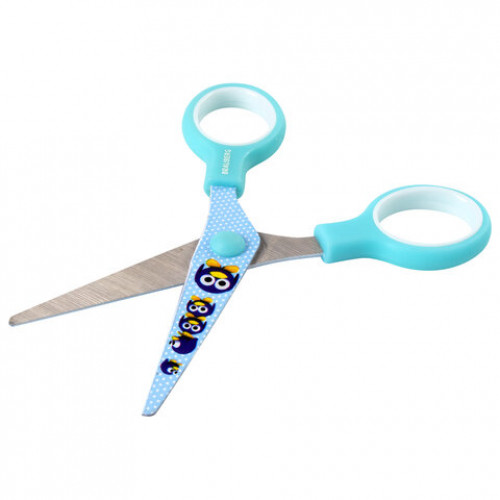 Ножницы BRAUBERG Kid Series, 130 мм, голубые, с цветной печатью Пингвины, закругленные, 232271