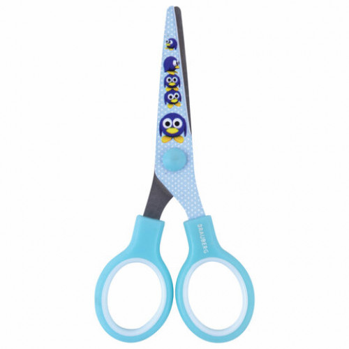 Ножницы BRAUBERG Kid Series, 130 мм, голубые, с цветной печатью Пингвины, закругленные, 232271