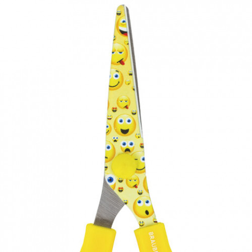 Ножницы BRAUBERG Kid Series, 130 мм жёлто-белые с цветной печатью Смайлики, закругленные, 232274