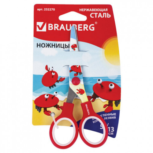 Ножницы BRAUBERG Kid Series, 130 мм, красные, с цветной печатью Крабы, закругленные, 23227, 232270