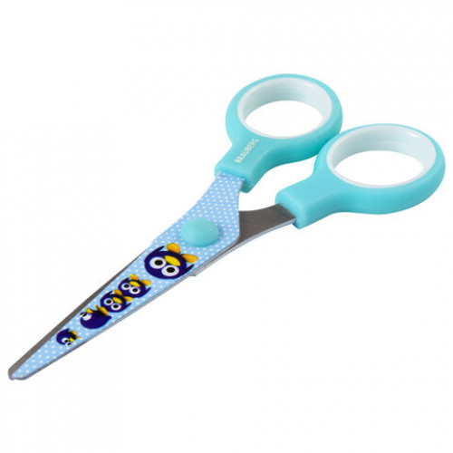 Ножницы BRAUBERG Kid Series, 130 мм, голубые, с цветной печатью Пингвины, закругленные, 232271
