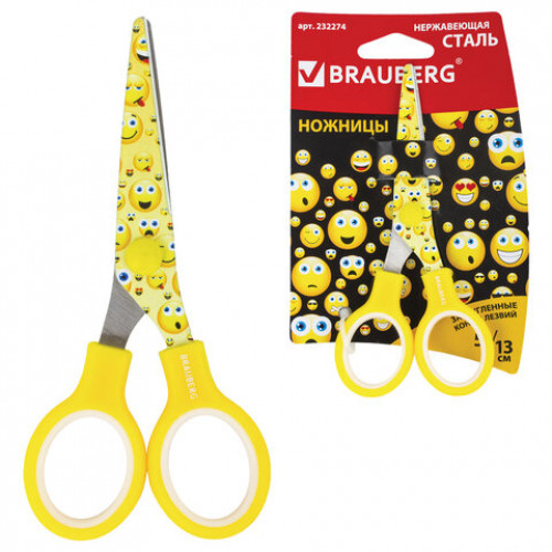 Ножницы BRAUBERG Kid Series, 130 мм жёлто-белые с цветной печатью Смайлики, закругленные, 232274