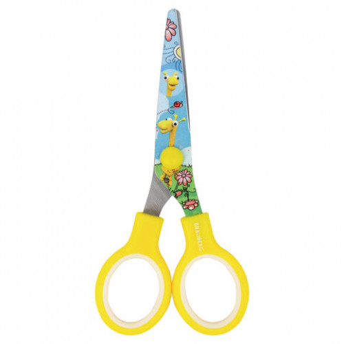 Ножницы BRAUBERG Kid Series, 130 мм, жёлтые, с цветной печатью Жирафы, закругленные, 232269