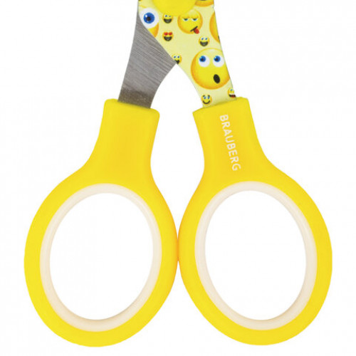Ножницы BRAUBERG Kid Series, 130 мм жёлто-белые с цветной печатью Смайлики, закругленные, 232274