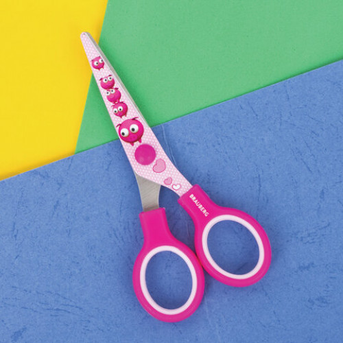 Ножницы BRAUBERG Kid Series, 130 мм, розовые, с цветной печатью Поросята, закругленные, 232272