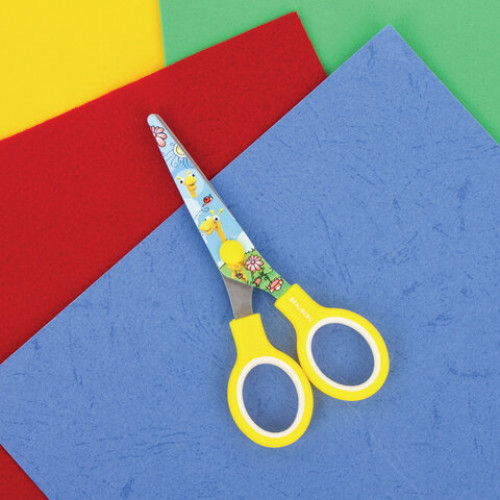 Ножницы BRAUBERG Kid Series, 130 мм, жёлтые, с цветной печатью Жирафы, закругленные, 232269