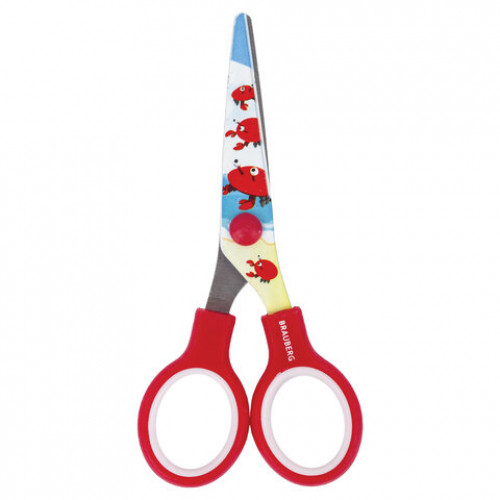 Ножницы BRAUBERG Kid Series, 130 мм, красные, с цветной печатью Крабы, закругленные, 23227, 232270