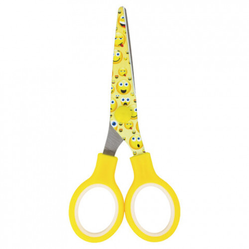 Ножницы BRAUBERG Kid Series, 130 мм жёлто-белые с цветной печатью Смайлики, закругленные, 232274