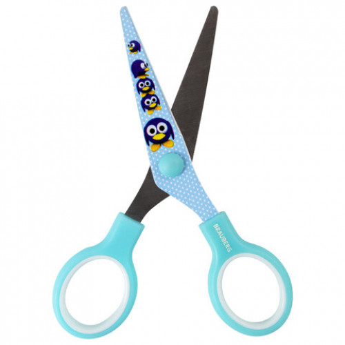 Ножницы BRAUBERG Kid Series, 130 мм, голубые, с цветной печатью Пингвины, закругленные, 232271