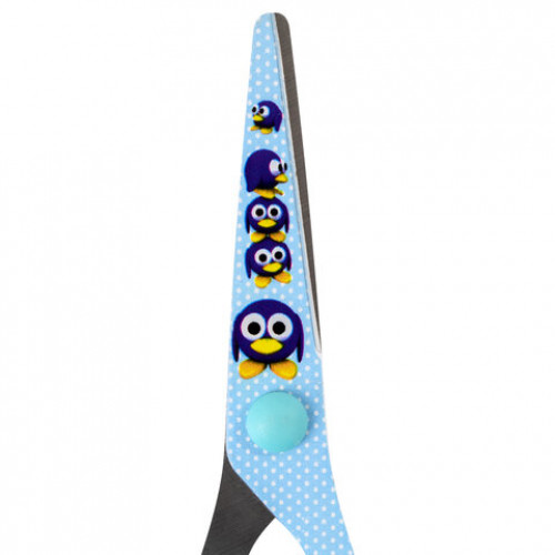 Ножницы BRAUBERG Kid Series, 130 мм, голубые, с цветной печатью Пингвины, закругленные, 232271
