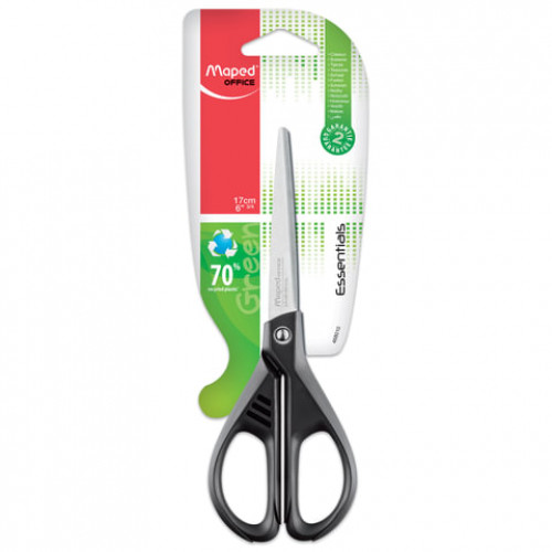 Ножницы MAPED (Франция) Essentials Green, 170 мм, черные, картонная упаковка с европодвесом, 467010, 468010