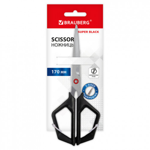 Ножницы BRAUBERG Super black 170 мм, черные, 3-сторонняя заточка, ручки из ABS-пластика, 238854