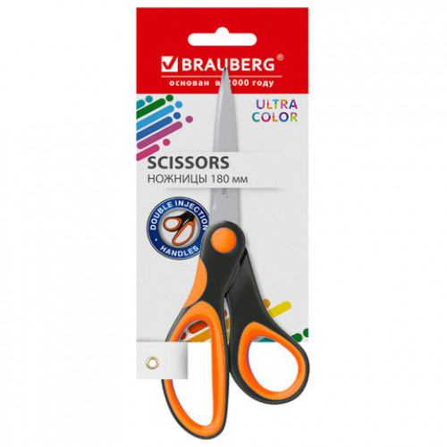 Ножницы BRAUBERG ULTRA COLOR, 180 мм, эргономичные прорезиненные ручки, ассорти, 274313