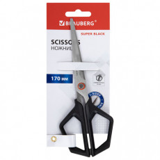 Ножницы BRAUBERG Super black 170 мм, черные, 3-сторонняя заточка, ручки из ABS-пластика, 238854