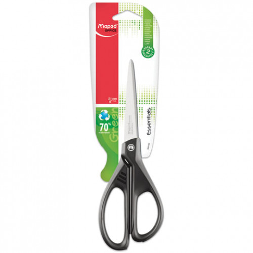 Ножницы MAPED (Франция) Essentials Green, 210 мм, черные, эргономичные ручки, картонная упаковка с европодвесом, 468110