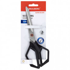 Ножницы BRAUBERG Super black 220 мм, черные, 3-сторонняя заточка, ручки из ABS-пластика, 238855