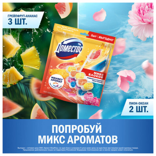 Блок туалетный подвесной твердый 2х50г+3х50г ДОМЕСТОС Свежесть цитруса и Цветочный б