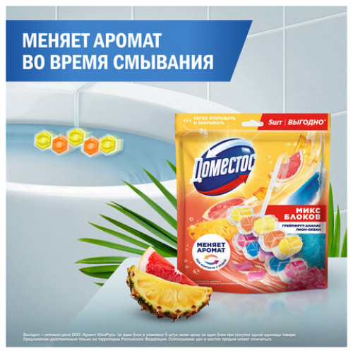 Блок туалетный подвесной твердый 2х50г+3х50г ДОМЕСТОС Свежесть цитруса и Цветочный б