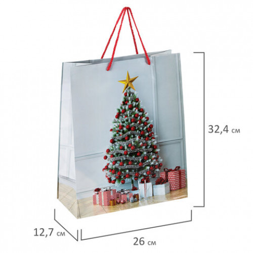 Пакет подарочный новогодний 26x12,7x32,4 см, ЗОЛОТАЯ СКАЗКА Ель и подарки, ламинированный, 606564