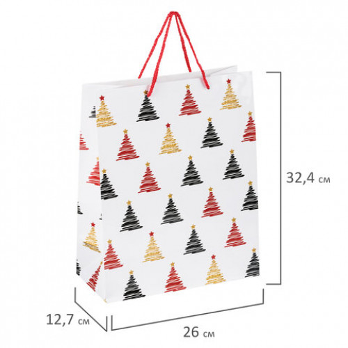 Пакет подарочный новогодний 26x12,7x32,4 см, ЗОЛОТАЯ СКАЗКА Елочки на белом, ламинированный, 606563